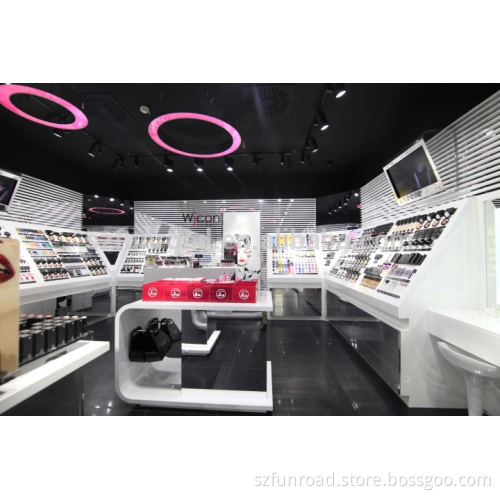 Wooden display cabinets and glass counter displays for makeup shop display plan